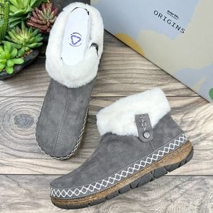 NIB Earth Origins Everlyn 9M Comfort Zip Ankle Bootie Vegan Suede Faux Fur Grey
